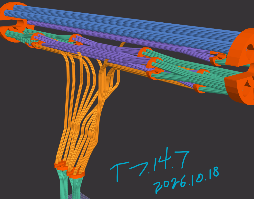 Dial-a-cable render T7.14.7: colored cable bundles routed through orange Dial-a-cable rings, branching down from a horizontal run
